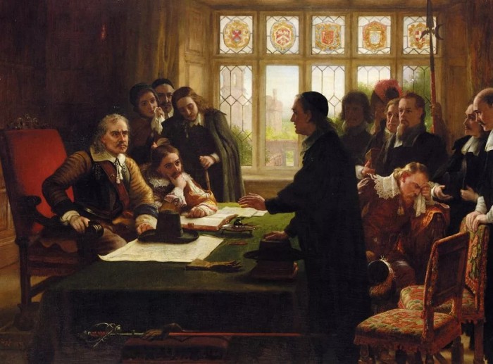 Ч. В. Коуп. Оливер Кромвель и его секретарь Джон Мильтон принимают делегацию швейцарских протестантов с просьбой о помощи. 1872 г. 