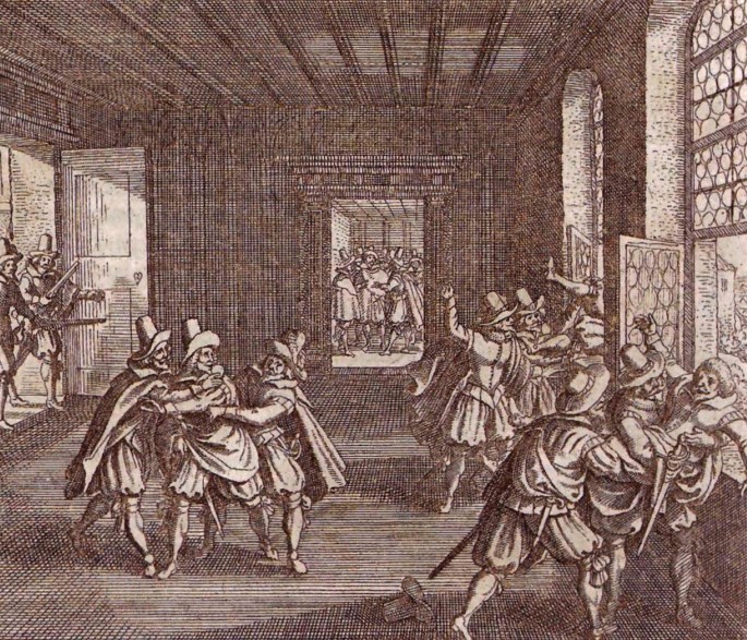 М. Мериан. Дефенестрация в Праге. 1618 г. Гравюра. 1662 г. 
