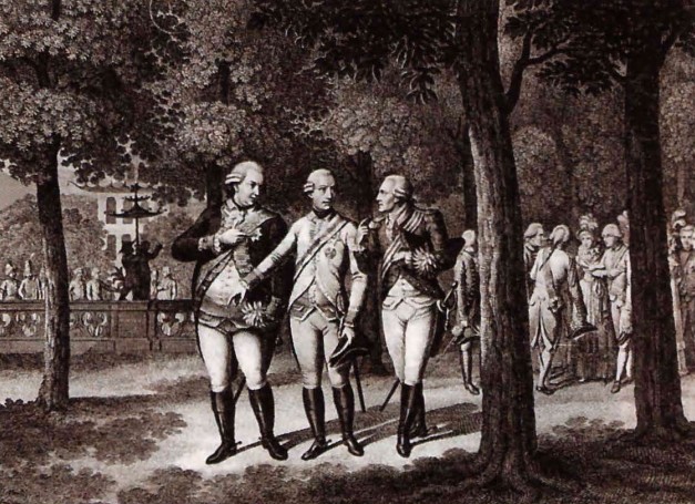 Встреча австрийского императора Леопольда II и прусского короля Фридриха Вильгельма II в Пильнице 27 августа 1791 г. Немецкая гравюра
