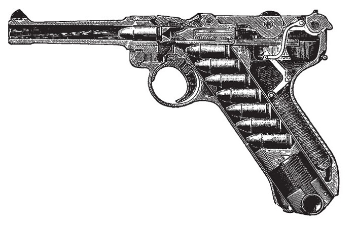 Схема, демонстрирующая взаимное расположение деталей пистолета Р-08 перед выстрелом