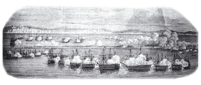 Корабли союзников, окружив Кинбурнскую косу, ведут массированный обстрел крепости