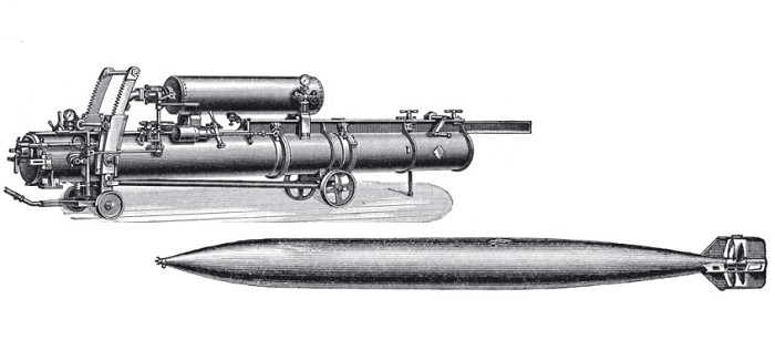 Минный (торпедный) аппарат (вверху) и типичная торпеда Уайтхеда