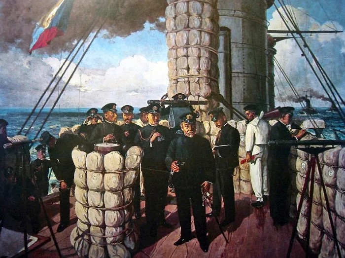 Маршал флота Японской империи адмирал Того Хэйхатиро на мосту линкора «Микаса»