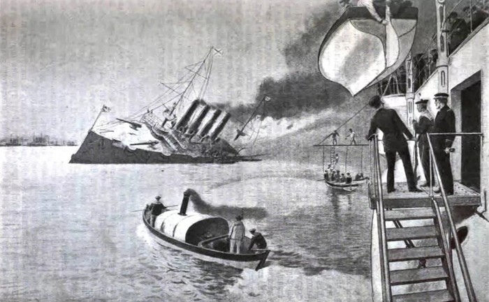 Гибель «Варяга». Вид с французского крейсера «Паскаль». Рисунок начала XX в.