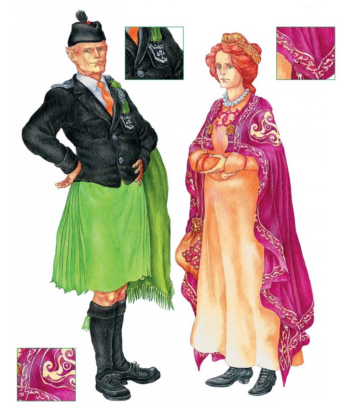 Мужчина в килте; женщина одета в костюм начала XX в. и длинный брэт