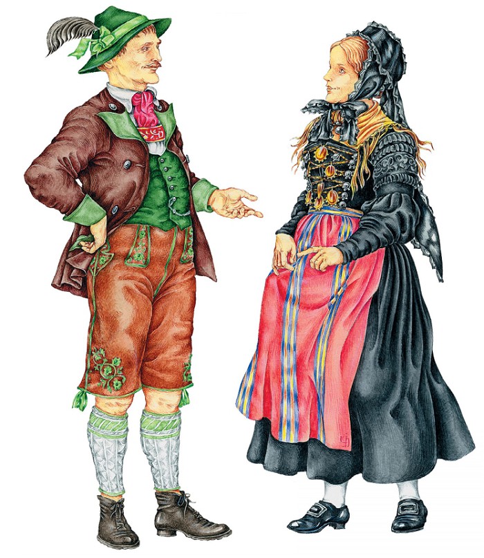 Холостой мужчина в шортах ледерхозен; девушка в праздничной одежде