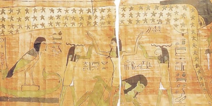 Богиня неба Нут, покрытая звездами, которую поддерживает руками бог ветра и воздуха Шу. Папирус. Около 1000 г. до н. э.