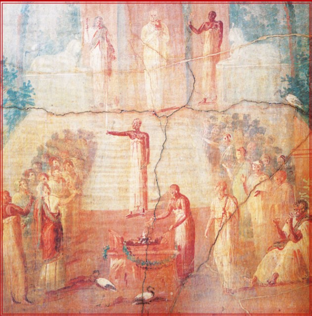 Жрецы Исиды в белых одеяниях проводят водную мистерию, исполняя гимны на ступенях храма