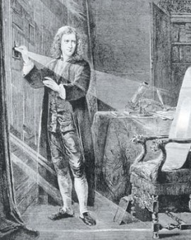 Исаак Ньютон изучает природу света с помощью стеклянной призмы