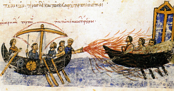«Греческий огонь». Фрагмент миниатюры Мадридской рукописи Иоанна Скилицы. XI в.