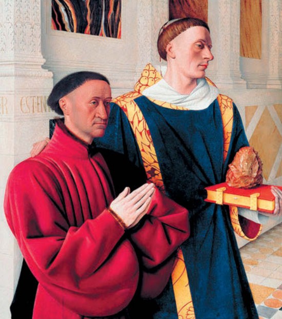 Жан Фуке. Меленский диптих. 1450 Левая створка с изображением заказчика Этьена Шевалье и святого Стефана