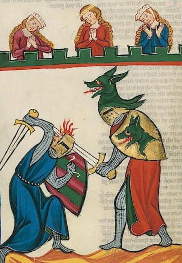 Поединок на мечах. Фрагмент миниатюры Манесского кодекса. Германия. Ок. 1300 г. 