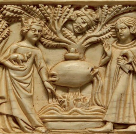 Король Марк разоблачает Тристана и Изольду. Резьба на крышке шкатулки. 1340–1350 гг.
