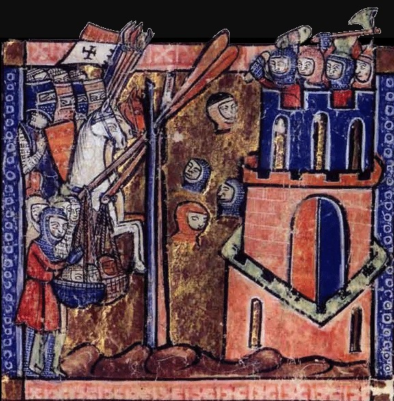 Крестоносцы, устрашая осаждённых, забрасывают за стены Антиохии отрубленные головы мусульман. Миниатюра XIII в.