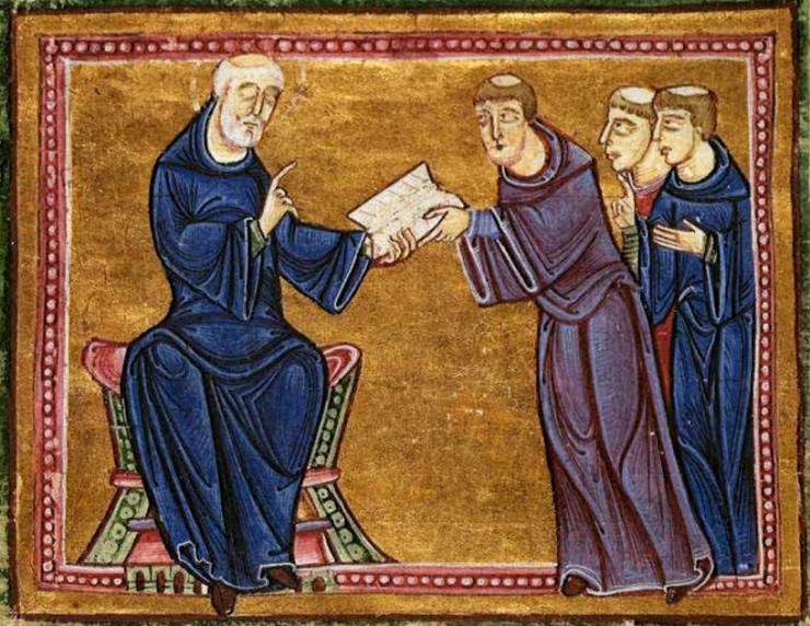Св. Бенедикт и монахи-бенедиктинцы. Настенная роспись из монастыря г. Нима. Франция. 1129 г. 