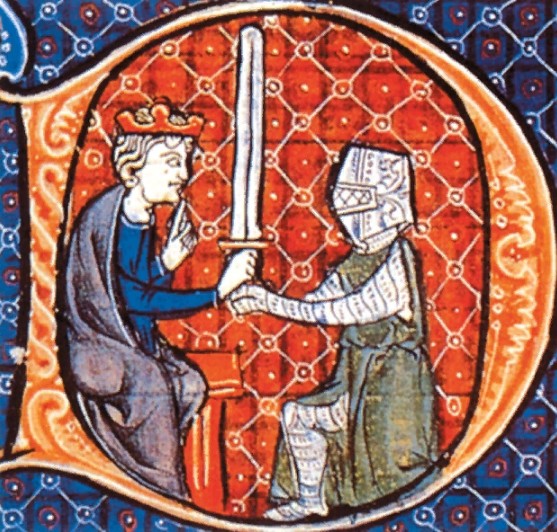 Рыцарь, получающий меч от короля. Фрагмент французской книжной миниатюры. 1300–1320 гг. 