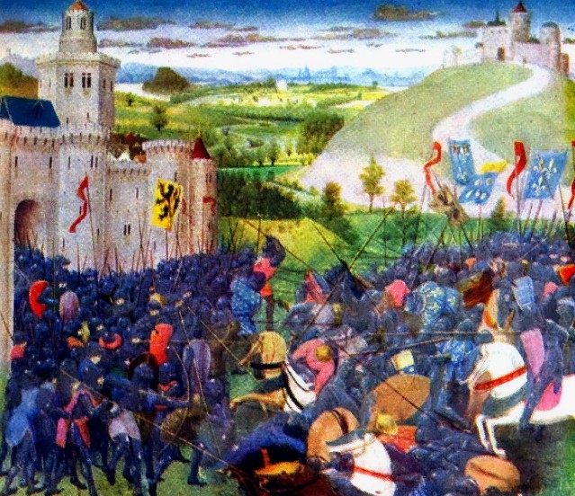 Битва при Куртре в 1302 г. («Битва золотых шпор»). Миниатюра из «Больших французских хроник». Середина XV в.