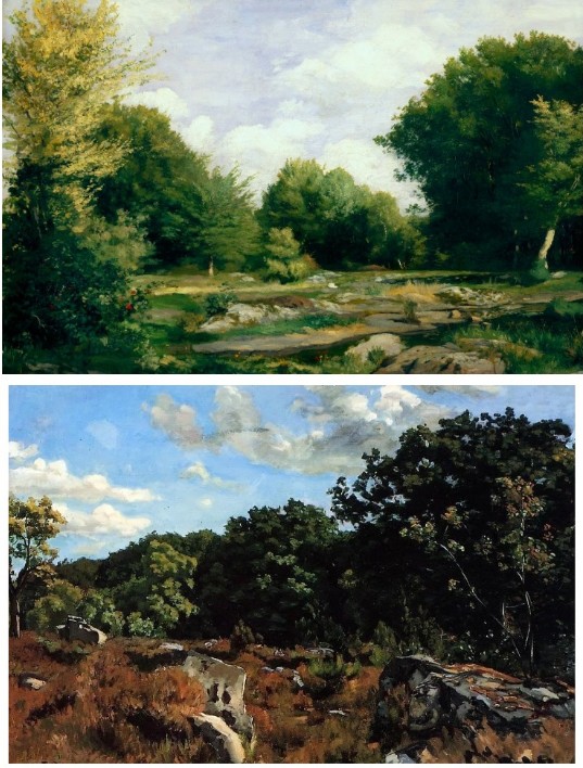 О. Ренуар. Поляна в лесу. 1865; Ф. Базиль. Пейзаж в Шайи. 1865