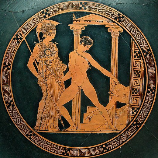Тезей, убивающий Минотавра, и Афина. Краснофигурный килик, мастер Эйсон, 425—410 гг. до н. э. Национальный археологический музей, Мадрид