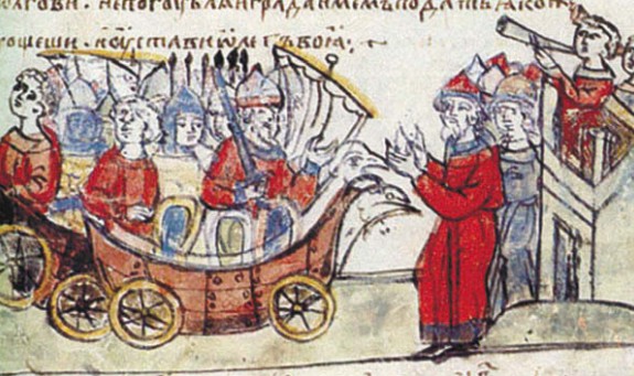 Корабли на колесах. Миниатюра из «Радзивилловской летописи». На иллюстрации изображены корабли Олега, поставленные им на колеса во время похода на Царьград в 907 г.