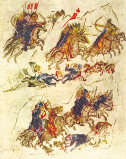Святослав вторгается в Болгарию с печенежскими союзниками. Иллюстрация из «Хроники» Константина Манассия