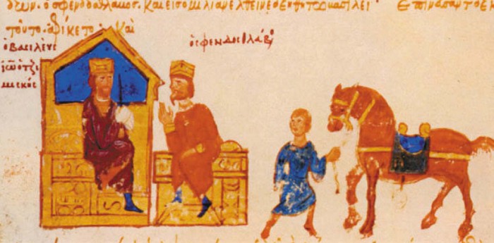 Встреча Святослава с византийским императором Иоанном Цимисхием. Рисунок из «Мадридской рукописи» Иоанна Скилицы