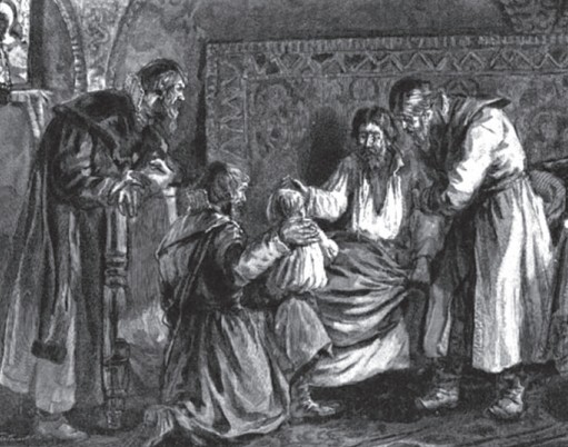Василий III благословляет перед кончиной сына своего Ивана IV. Рисунок из журнала «Нива». XIX в.