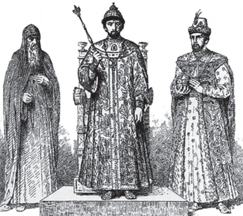 Слева направо: патриарх Иов, царь Федор Иоаннович и Борис Годунов