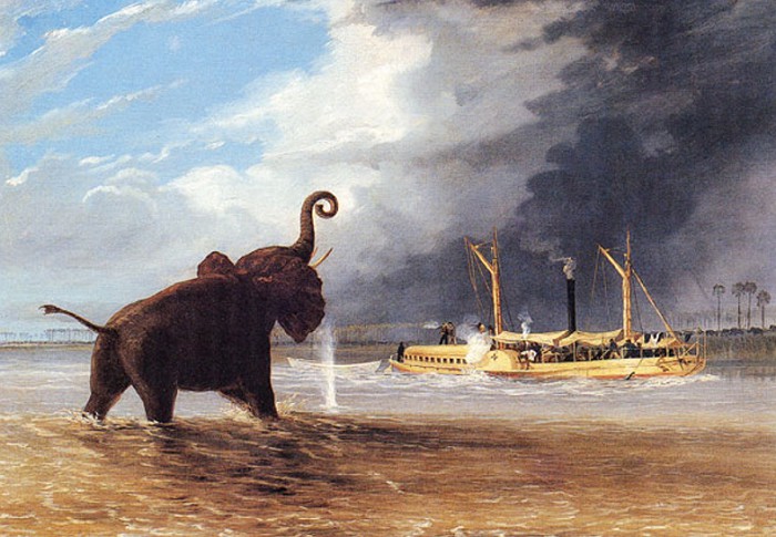 Слон на мелководье реки Шире. 1859 г. Рисунок Т. Бейнса