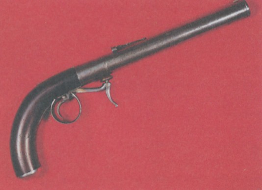 Капсюльный пистолет с потайным нижним замком и съемным нарезным стволом, сделанный около 1850 г.