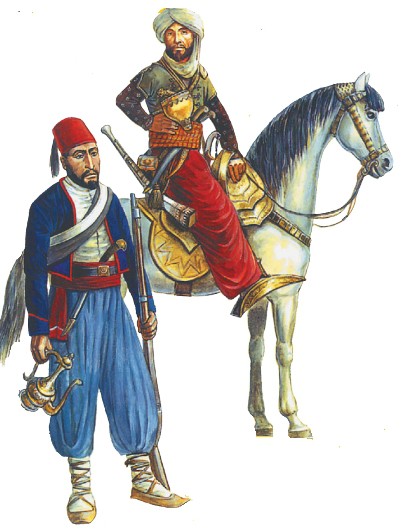 Турецкий пехотинец (слева) и турецкий кавалерист XIX в.