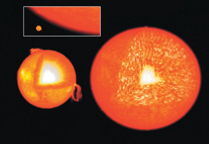 Строение Солнца (слева) и красного гиганта (справа)