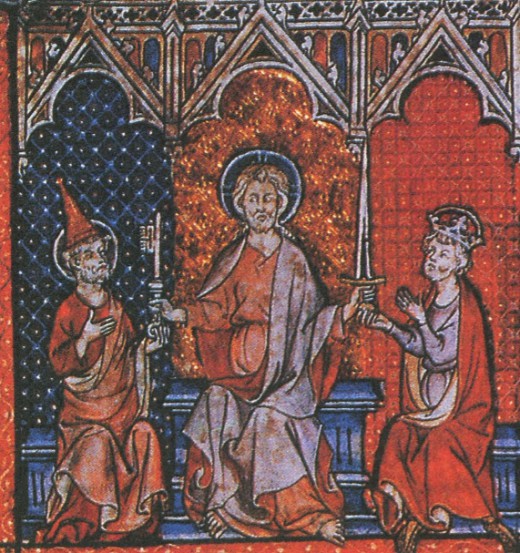 Христос вручает ключ Папе Римскому, а меч императору. Миниатюра. XIII в.