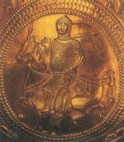 Изображение аварского воина на золотом кувшине. VII в.