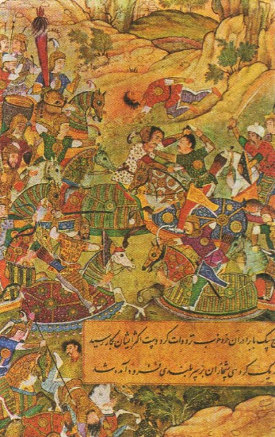 Сражение между конницей Бабура и отрядами Тамбаля у крепости Бишхаран. Средневековая миниатюра