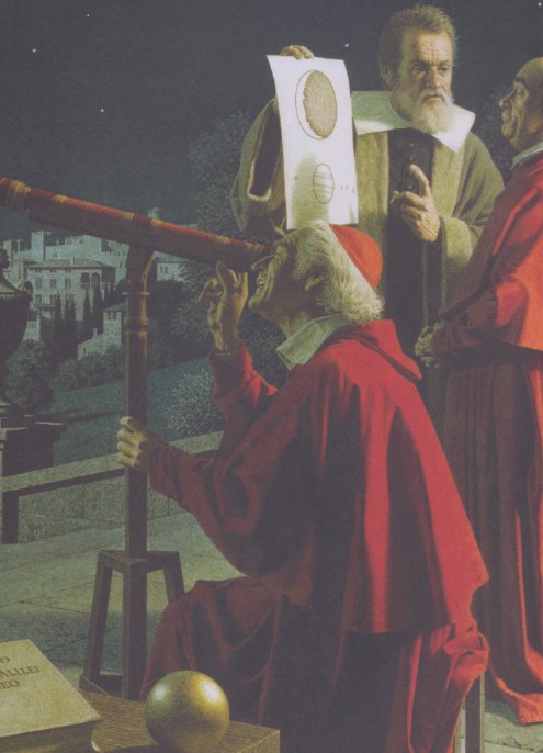 Галилей показывает упрямому кардиналу листок с рисунками лунного рельефа
