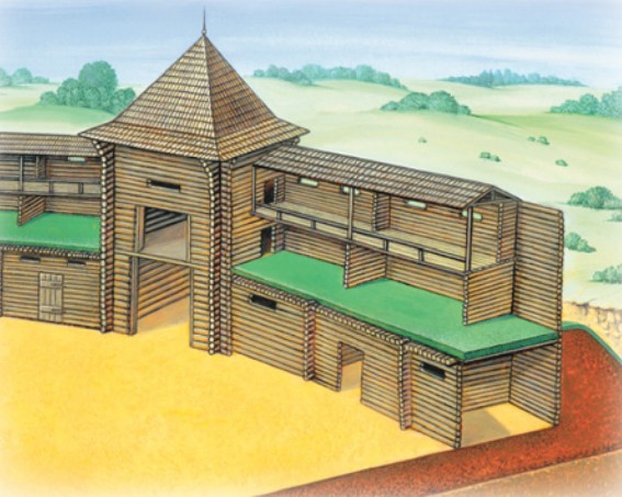 Крепостная стена древнерусского города, совмещенная с жилыми и хозяйственными постройками. По П.А. Раппопорту
