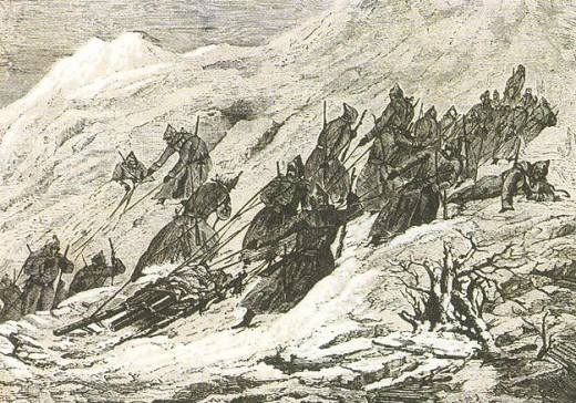 Войска генерала Вельяминова ввозят орудия на гору Умургач