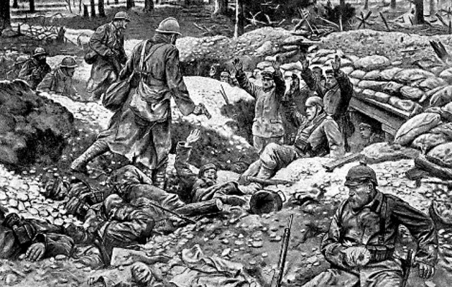 Рисунок с Западного фронта — захват французской пехотой германских окопов