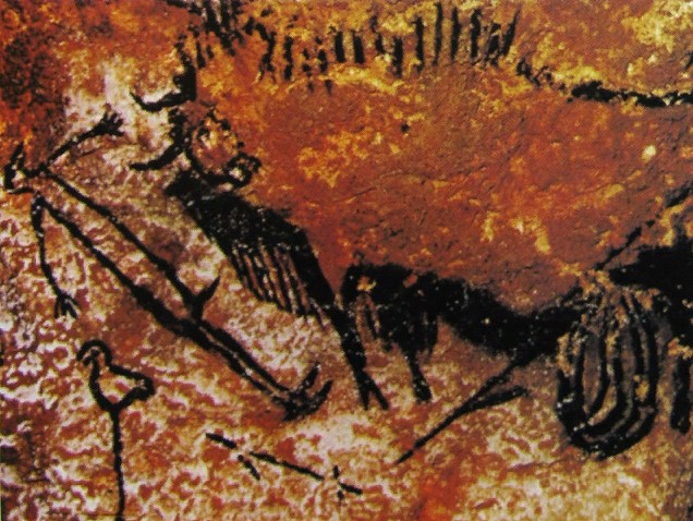 Раненый дикий бык убивает охотника. Роспись в пещере Ласко, Франция
