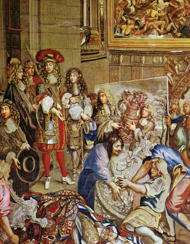Ш. Лебрен. Людовик XIV и его брат Филипп Орлеанский в сопровождении Кольбера посещают мастерскую гобеленов. 1667 г. Фрагмент. 