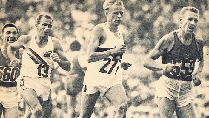 Петр Болотников (559), Ганса Гродоцки (277) и Дэвид Пауэр (13) во время забега на 10 000 м. 1960 год. Рим