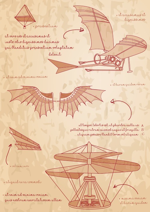 Рисунки парашюта, орнитоптера и вертолета, сделанные рукой Леонардо