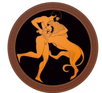 Геракл сражается с Немейским львом. Изображение в стиле краснофигурной вазы