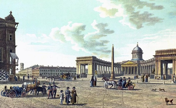 Вид Казанского собора в 1821 г. Цветная литография