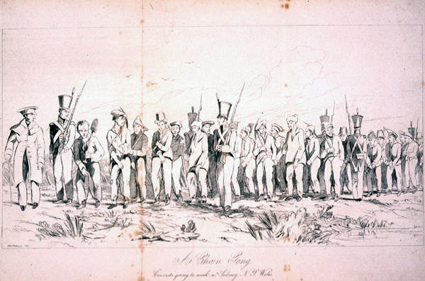 Колонна каторжников в цепях в Сиднее, рисунок Джеймса и Эдварда Бэкхаусов, 
1842