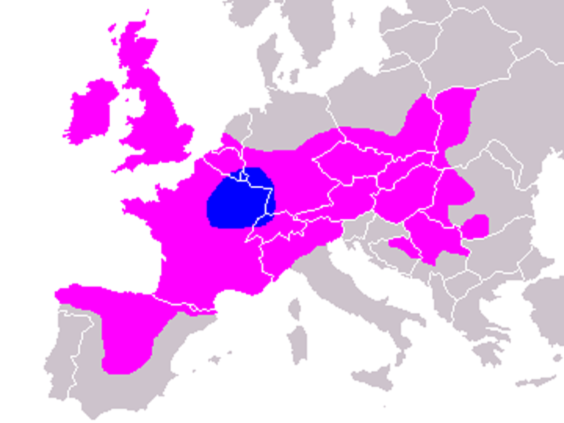 Примерный район расселения кельтских племён в Европе. Синим выделен район расселения кельтов в 1500—1000 гг. до н. э.; фиолетовым — в 400 г. до н. э.. Для ориентировки приведены границы современных государств