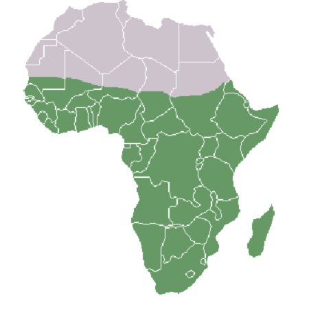 Политическая карта, показывающая границы государств на фоне экологического барьера (Африка южнее Сахары отмечена зелёным)