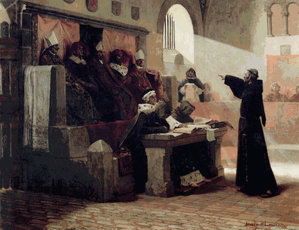 На картине изображено заседание суда инквизиции
