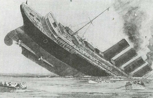 Две торпеды, выпущенные немецкой подлодкой 7 мая 1915 г., привели к потоплению английского пассажирского парохода «Лузитания»